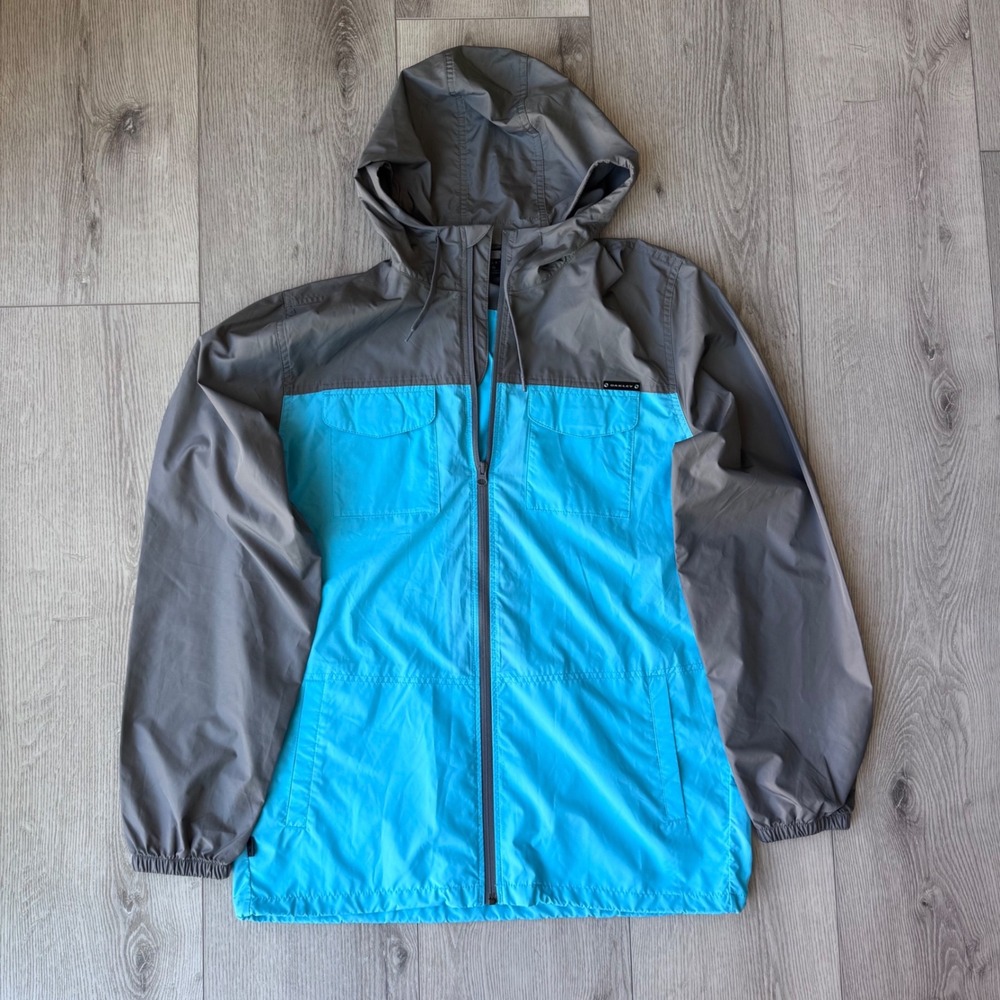 Oakley Windbreaker Jacket Mens Large Blue Grey Colorblock Full Zip Hooded Coat